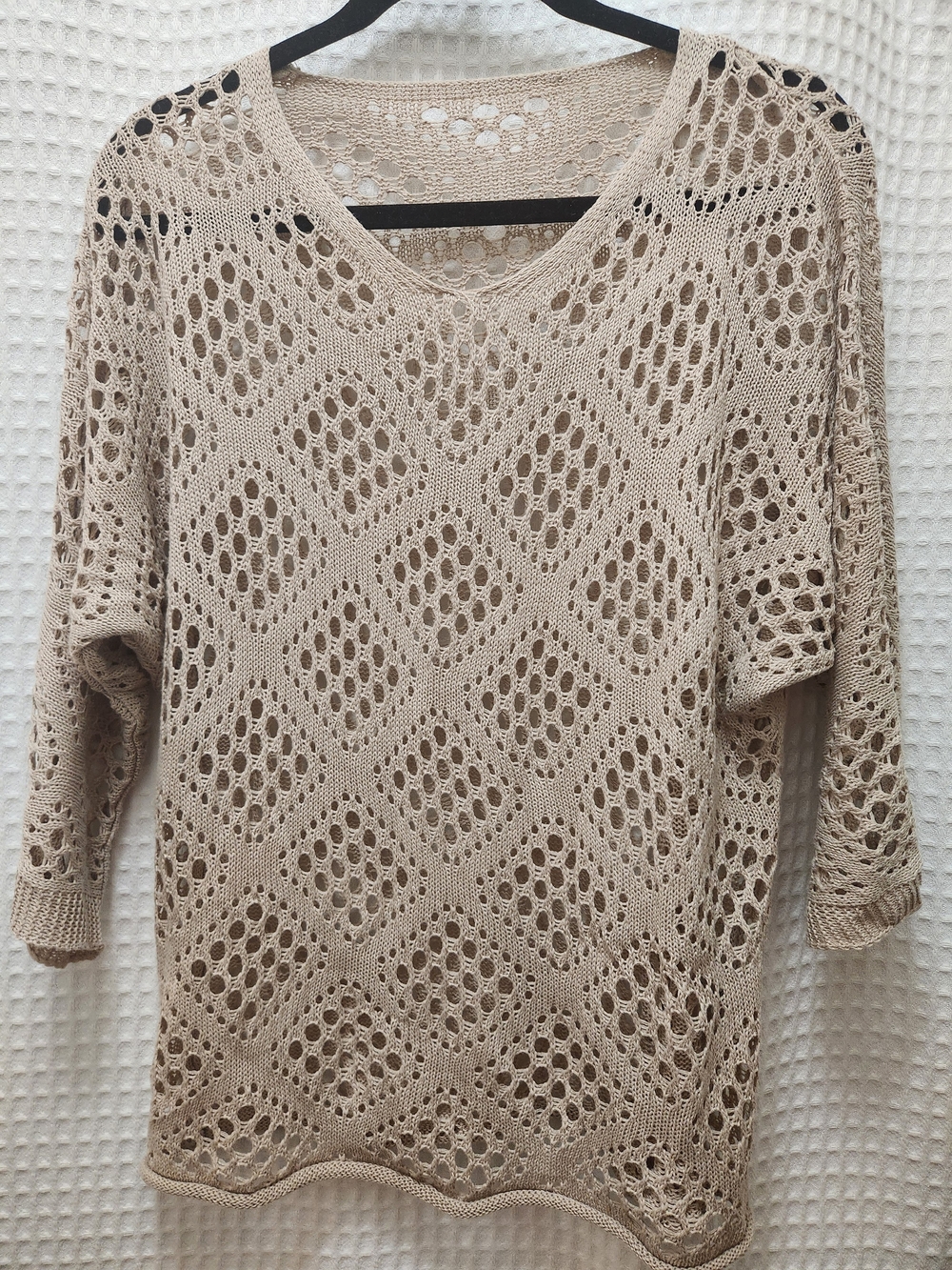 Beige Open-Knit V-Neck Women's Sweater